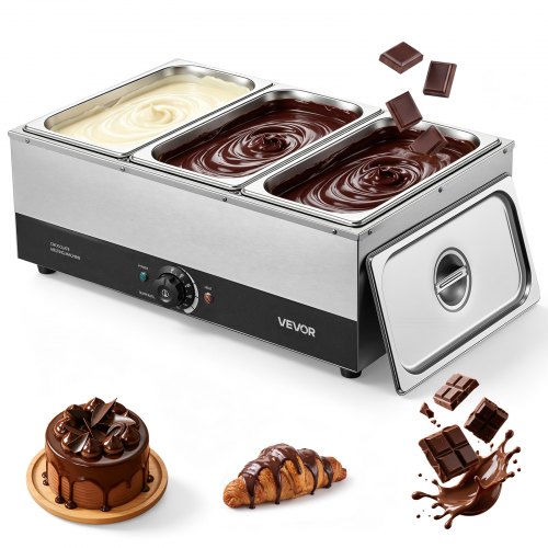 VEVOR Chocoladesmeltmachine met 3 verwijderbare roestvrijstalen containers, 1,2 kW, voor bakkerijen, patisserieën en restaurants, met temperatuurregeling 30–85 ℃, droogloopbeveiliging, chocoladetempermachine