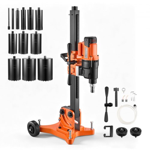 VEVOR Diamantkernboormachine 3000 W, droog/nat, 20-305 mm, voor beton, baksteen, keramische tegels, asfalt en marmer, 12 boorbits, kantelbare standaard en chassis, 1000/550 tpm, UNC1 1/4-7 schroefdraad
