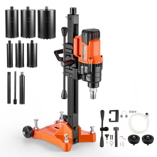 VEVOR Diamantkernboormachine 2500 W, droog/nat, 20-202 mm, voor beton, baksteen, keramische tegels, asfalt, marmeren vloeren, incl. 8 boren, rolstatief en draaghendel, 800 tpm, UNC1 1/4-7 schroefdraad