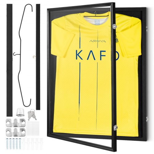 VEVOR jersey vitrine 610 x 812 x 40 mm afsluitbare schaduwbox voor sporttruien met 98% UV-bescherming PC-glas en hangers, voor honkbal-, basketbal-, voetbal-, hockeyshirts en uniformen zwart afbeelding
