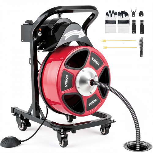 VEVOR Pijpreinigingsmachine met handmatige invoer, 15 m x 13 mm afvoerspiraal, verrijdbare pijpreinigingsspiraal voor toilet- en wastafelafvoeren, voor leidingen van Ø50-150 mm, met snijbladen en voetschakelaar