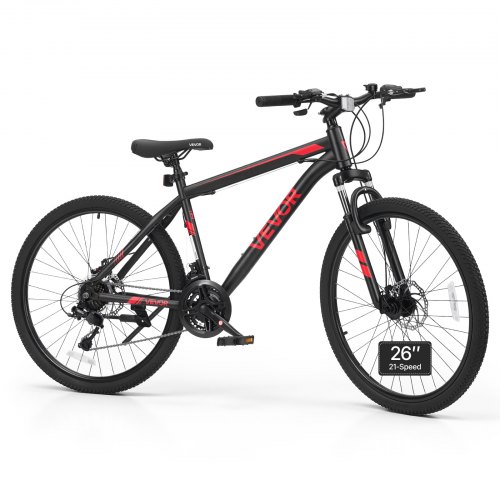 VEVOR Mountainbike voor dames en heren, 26 inch, 21 versnellingen, zwart/rood, ideaal voor volwassenen, frame van koolstofstaal, met geveerde voorvork