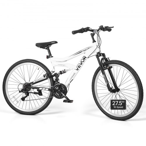 VEVOR mountainbike voor dames en heren, 27,5 inch, 18 versnellingen, zwart-wit, ideaal voor volwassenen, frame van koolstofstaal, volledige vering, dr
