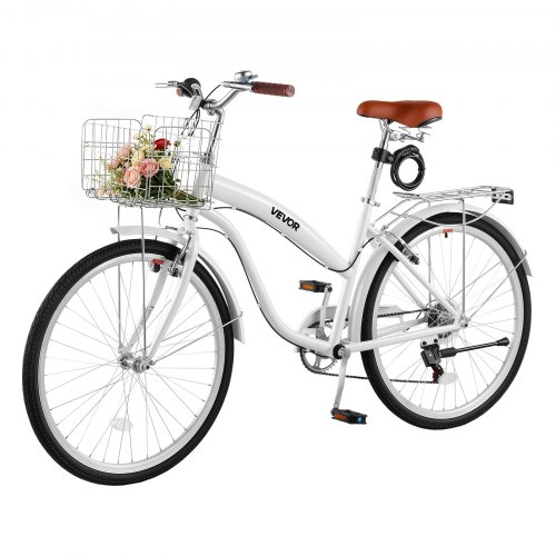 VEVOR dames cruiserfiets van 26 inch, draagvermogen 150 kg, 7 versnellingen, wit, voor woon-werkverkeer, boodschappen en stranduitstapjes, met dubbele