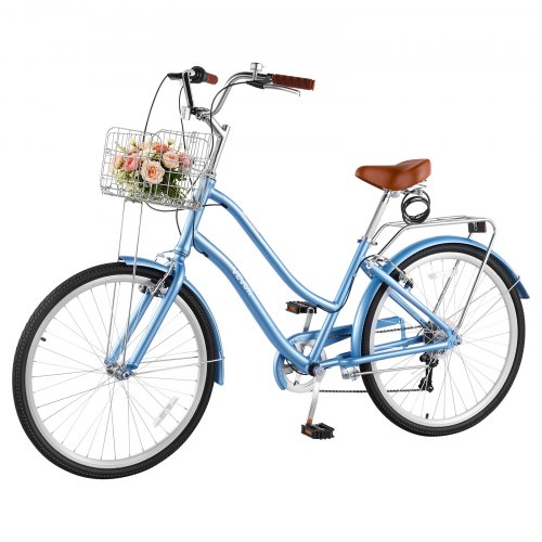 VEVOR dames cruiserfiets van 26 inch, draagvermogen 150 kg, 7 versnellingen, lichtblauw, voor woon-werkverkeer, boodschappen en stranduitstapjes, met mandje, bagagedrager (tot 50 kg), dubbele V-remmen en praktische accessoires.