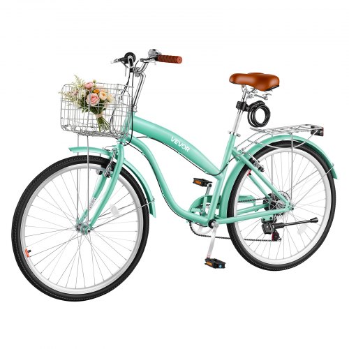 VEVOR dames cruiserfiets van 26 inch, draagvermogen 150 kg, 7 versnellingen, lichtgroen, voor woon-werkverkeer, boodschappen en strandritjes, met verstelbaar PU-zadel, V-remmen, bagagedrager tot 50 kg en gereedschapskit.