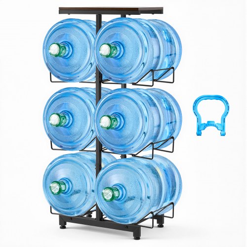 VEVOR Waterkanhouder, 4 lagen, dubbele rijen, voor 6 flessen, waterkanrek, waterdispenserrek, waterflessenrek, watercontainerrek voor keuken, kantoor en woonkamer, zwart en bruin