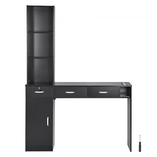 VEVOR Salonstation Wandgemonteerd kapsalonstation voor kappers Beauty Spa-meubelset 1 opbergkast 3 open vakken en 3 laden (waarvan één afsluitbaar) Zwart 129 x 33 x 177 cm afbeelding