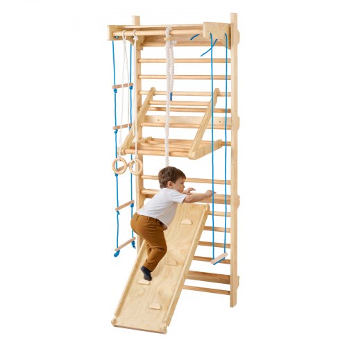 VEVOR Zweedse laddermuur, 8-in-1 15-traps indoor klimrek, draagvermogen 100 kg, klimtoestel met wandladder, glijplank, optrekstang, gymnastiekringen,