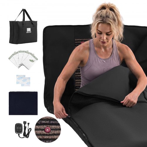 VEVOR infrarood saunadeken met minerale stenen, 185x90cm, zwart, draagbare verwarmde deken voor zweten, ontspanning en detox, temperatuurregeling van 30-75°C, timer van 20-60 minuten, PU-leer, inclusief draagtas