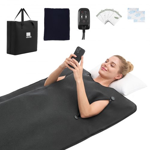 VEVOR infrarood saunadeken met armgaten, 180x90cm, zwart, draagbare verwarmde deken voor zweten, ontspanning, detox, temperatuurregeling, timer, handdoekvoering, PU-leer, met draagtas