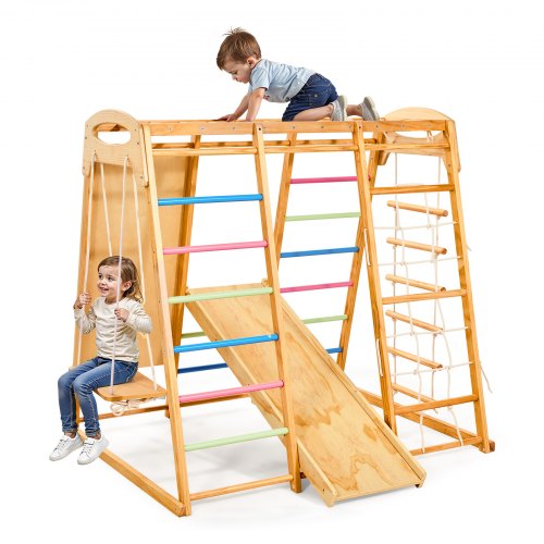 VEVOR Indoor Speeltuin Klimrek (7-in-1) gemaakt van hout, draagvermogen 113 kg. Montessori klimspeelset met schommel/klimrek/glijbaan/houten ladder/to