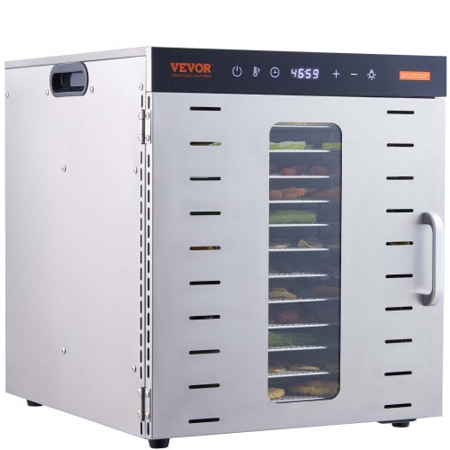 VEVOR 1000 W dehydrator roestvrij staal, 300 x 280 mm 10 stuks dienbladen 360° droog, dehydrator, 30-90℃ temperatuurregeling, 0,5 tot 48 uur timer, oververhittingsbeveiliging, receptenboekje voor vlees, fruit, groenten afbeelding
