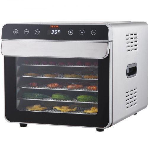 VEVOR 700 W dehydrator roestvrij staal, 300 x 280 mm 6 stuks dienbladen 360° droog, dehydrator, 35-85℃ temperatuurregeling, 0,5 tot 48 uur timer, oververhittingsbeveiliging, receptenboekje voor vlees, fruit, groenten afbeelding