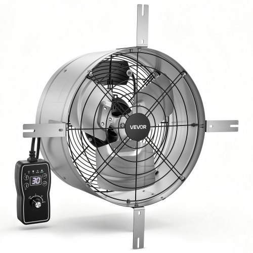 VEVOR Gevelventilator 38 cm, zolderventilator met een luchtstroom van 2208,7 m³/u, zilverkleurig, koeling en luchtcirculatie voor zolders, garages en werkplaatsen, behuizing van koolstofstaal, met thermostaat, netsnoer en bedieningskabel.
