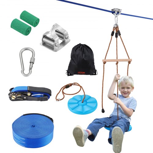 VEVOR Zipline-set voor kinderen en volwassenen, 50ft Zipline-sets tot 330 lbs, Zip-lijnen in de achtertuin, Speeltuinentertainment met Zipline, Nylon veiligheidsharnas en accessoireset afbeelding