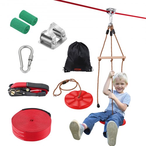 VEVOR Zipline-set voor kinderen en volwassenen, 20 m zipline-sets tot 330 lbs, zip-lijnen in de achtertuin, speeltuinentertainment met zipline, nylon veiligheidsharnas en accessoireset afbeelding
