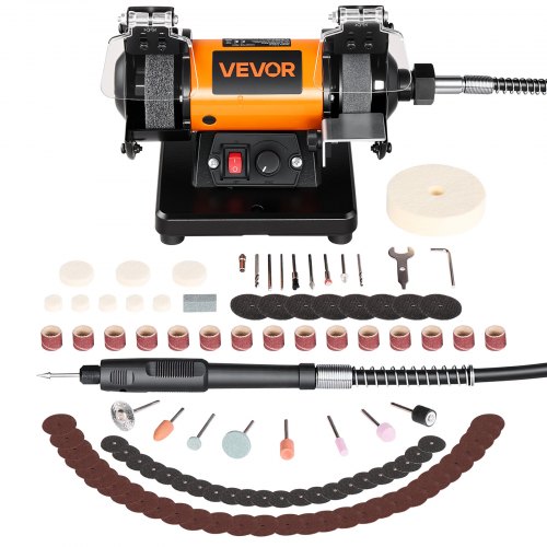 VEVOR Dubbele slijpmachine 8300–10600 RPM instelbaar, dubbele slijpmachine met slijp-, vezel- en wollen slijpschijven, 100-delige accessoire set, tafe