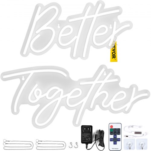 VEVOR Neon Borden, 61 x 25,4 cm en 43,2 x 23 cm Better Together, Instelbare Helderheid Witte Neonreclames met Dimmerschakelaar en 12V Lichtnetadapter, voor Huis-, Feest-, Bruilofts- en Bardecoratie