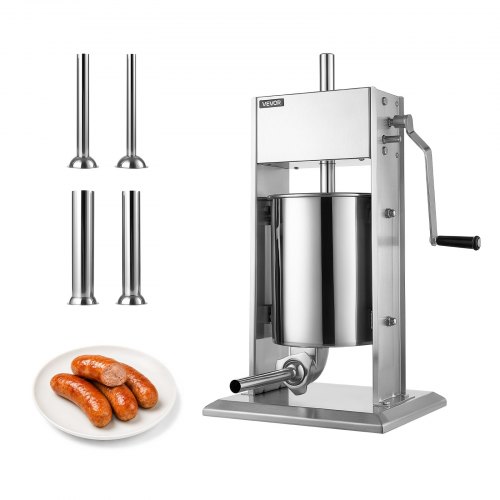 VEVOR Handmatige Worstvuller 10L Verticale Worstvuller Roestvrij Staal voor Thuis, Kamperen, Grillen & BBQ, met 4 Vulbuizen, Kantelbare Container, Vaa