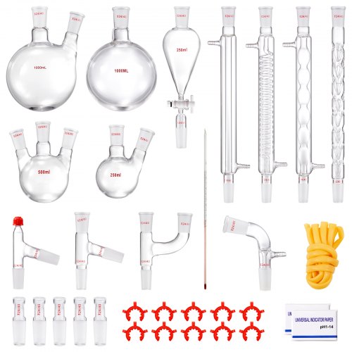 VEVOR laboratoriumdestillatiekit, 3.3 Boro laboratoriumglasdestillatiekit met 24 en 40 verbindingen, 1000 ml etherische oliedestillatieapparatuurset, 32-delige glaswerkset afbeelding