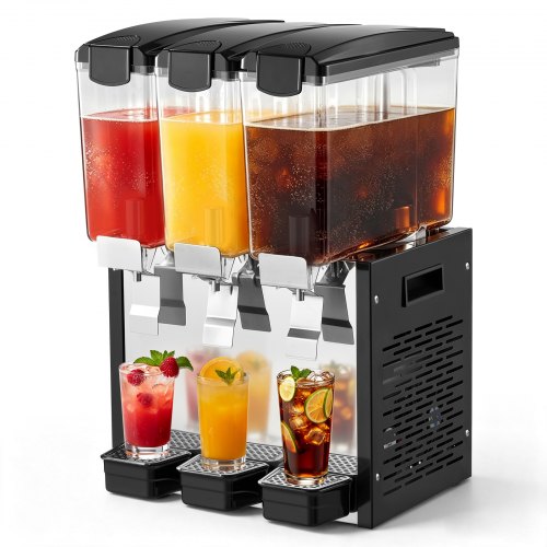 VEVOR elektrische drankdispenser met 3 x 10 liter sapdispenser (7-12 °C) en PC-containers, geschikt voor restaurants, hotels, bars en kiosken, inclusief roerstaaf voor gelijkmatig mengen, drukschakelaar en lekbak.