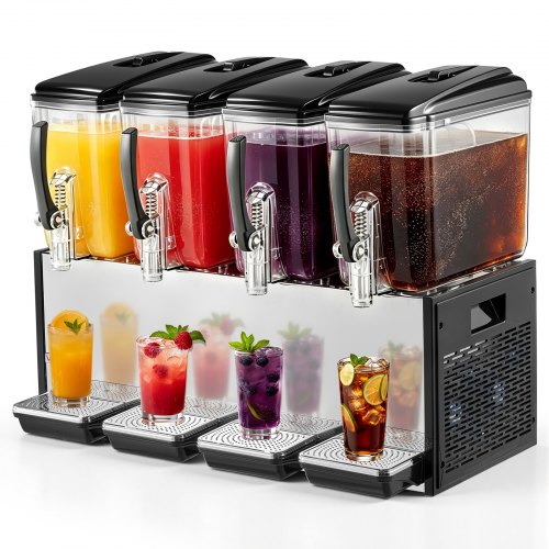 VEVOR elektrische drankdispenser 4 x 12 L 7-12 °C sapdispenser met PC-reservoir, voor restaurants, hotels, bars en kiosken, met roerstaaf voor gelijkmatig mengen, doseerhendel en lekbak