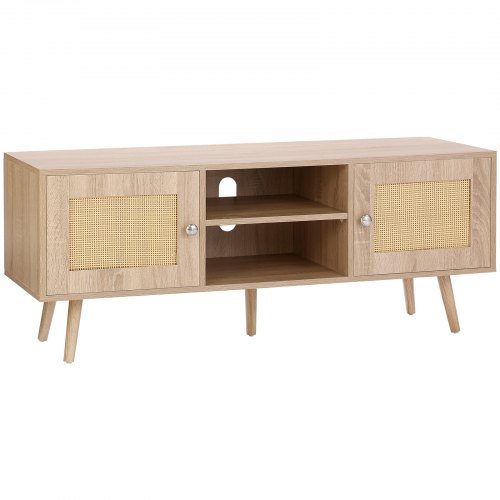 VEVOR Rotan tv-meubel, tv-meubel Boho tv-meubel voor 140 cm tv, retro tv-meubel, rotan tv-console met verstelbare planken en 2 deuren, voor woonkamer, mediaruimte, eiken afbeelding