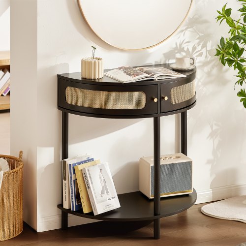 VEVOR Halve Maan Consoletafel Haltafel Rotan 2 Laden Rotan Schuifdeur afbeelding