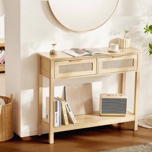 VEVOR rotan consoletafel haltafel decoratieve tafel 2 lades schuifdeur naturel afbeelding