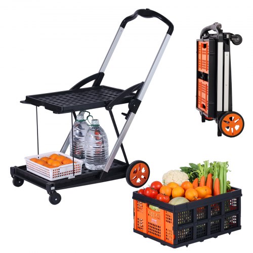 VEVOR Opvouwbare winkelwagen, 90kg laadvermogen, 2-laags opvouwbare winkelwagen met wielen, opvouwbare gereedschapswagen met opbergdoos, 2 in 1 steekwagen voor boodschappen/bagage/verhuizen/kantoor afbeelding