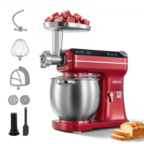 VEVOR Multifunctionele keukenmachine met kantelbare kop 7 liter 2-in-1 1000 W rood, mixer voor deeg, room, beslag en vlees, kneedmachine met mengkom,