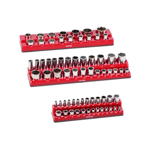 VEVOR Socket Organizer Set, 3-delige 1/4-inch, 3/8-inch en 1/2-inch SAE-dophouders, biedt plaats aan maximaal 68 standaard en diepe doppen (doppen niet inbegrepen)