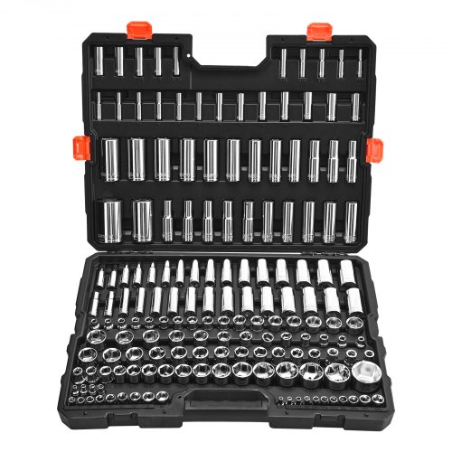 VEVOR 163-delige dopsleutelset, 9,53, 6,4 en 12,7 mm aandrijving dopsleutelset, SAE en metrisch, diep en standaard, met opbergkoffer, verchroomd CR-V-gelegeerd staal
