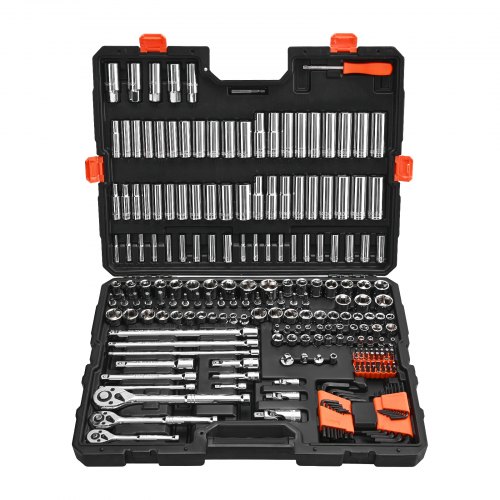 VEVOR 225-delige dopsleutelset, 9,53/6,4/12,7 mm aandrijfdoppenset, ratelsleutelset, SAE en metrisch, diep en ondiep, met bits, accessoires, draagkoffer, CR-V-gelegeerd staal, voor reparatie