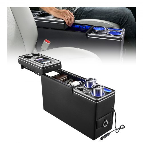 VEVOR middenconsole met 15W 7-kleuren LED-verlichting, auto-organizer tussen de stoelen voor smartphones en elektronische apparaten, 5V/3A QC, 5V/3A P