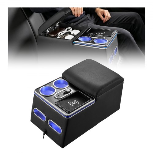 VEVOR Universele middenconsole voor achterstoelen, draadloos opladen, zwart, voor smartphones, sfeerverlichting in 7 kleuren, 5V/3A QC, 5V/3A PD via USB-C, 12-24V-aansluiting, telefoonhouders, opbergvak