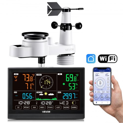 VEVOR 5-in-1 WiFi-weerstation, 7,5-inch VA-display, op zonne-energie werkende buitensensor, weercentrum voor weersvoorspelling, windsnelheid, windrich