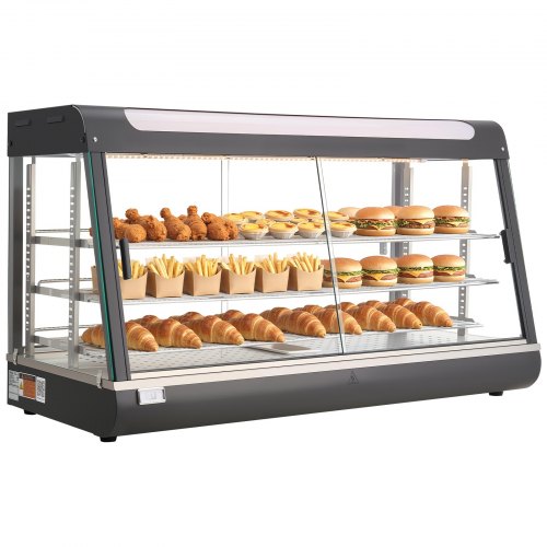 VEVOR 3-laags verwarmde vitrinekast 180 liter, 1600 W, verwarmde vitrinekast 30–85 °C, voedselwarmer met LED-verlichting en verstelbare schappen, voed