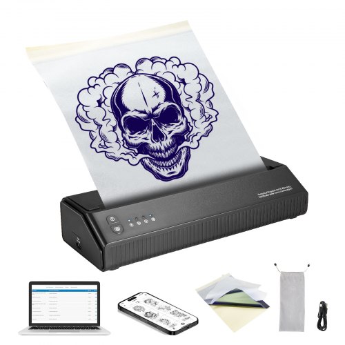 VEVOR Tattoo Transfer-sjabloonprinter, draadloze Bluetooth-tatoeage-sjabloonprinter met 10 stuks transferpapier en stoffen zak, draagbare tattoo-printer voor Android en iOS-telefoon afbeelding