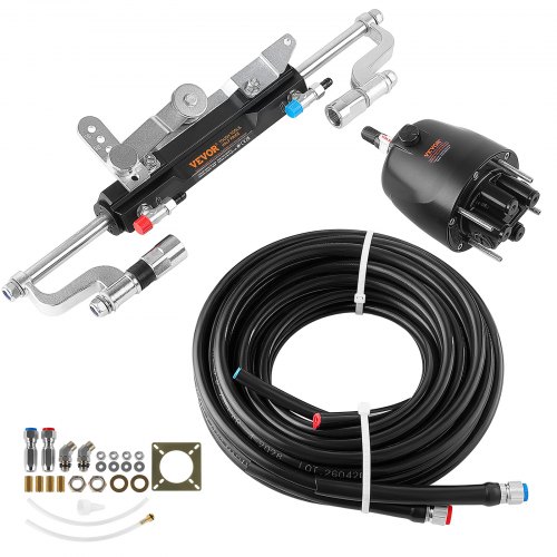 VEVOR hydraulische buitenboordmotorstuurkit 300 pk met 2,5 MPa stuurpomp voor diverse bootmodellen, inclusief 2 x 7,9 meter hogedrukslangen, 5/16 inch snelkoppelingen en duurzame afdichtingen.