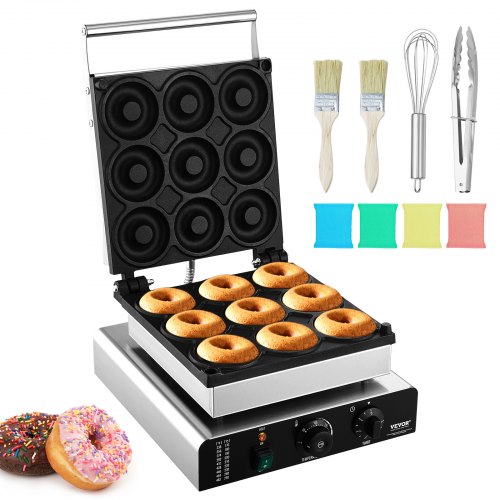 VEVOR Elektrische Donut Maker, 2KW Commerciële Non-stick Donut Machine, 9 Gaten, Dubbelzijdige Verwarming Wafelmachine voor 9 Donuts, 50-300°C, voor Restaurants en Thuisgebruik afbeelding