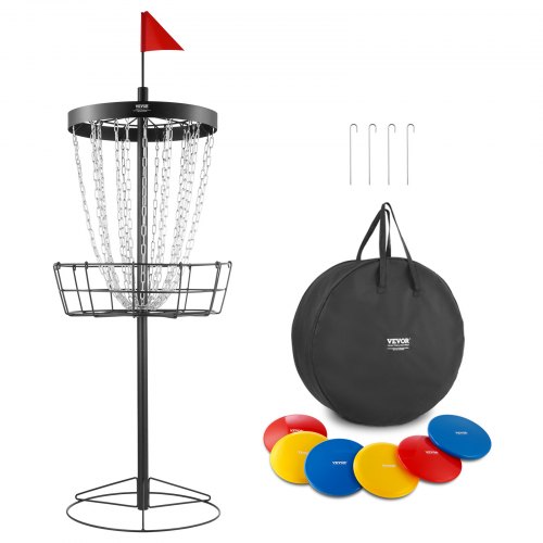 VEVOR discgolfmand, draagbare discgolfschijvenset, met 24 kettingen, stalen oefenstandaard voor discgolfmanden, professionele golfmandset buiten- en binnenset inclusief 6 werpschijven, zwart afbeelding