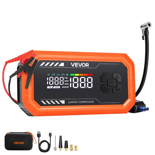 VEVOR Jump Starter Power Bank 3000 Een draagbare startbooster voor 9L benzine- en 6,5L dieselmotoren, met bandenspanningsmeter (150 psi), LED-zaklamp, automatische uitschakeling en 12V-oplader.