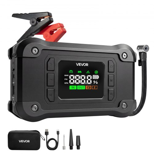 VEVOR Jump Starter Powerbank met luchtcompressor, 8000 A piekvermogen, zwart, voor 9.0L benzine- / 8.0L dieselmotoren, 150 psi bandenspanning, automat