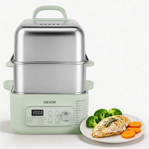 VEVOR elektrische stoomkoker 13 liter met 2 kookniveaus, roestvrij staal, 1500 W, groen, groente- en voedselkoker voor 3-6 personen met 9 voorgeprogrammeerde programma's, warmhoudfunctie, voor groenten, zeevruchten en rijst.