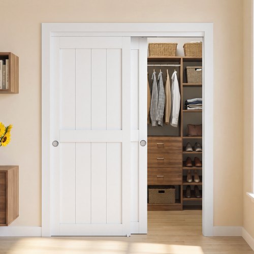 VEVOR schuifdeurset, 2-delig, 1524 mm (dubbele deur 787 mm) x 2032 mm, voor kledingkasten, slaapkamers, inloopkasten, volledig houten constructie met