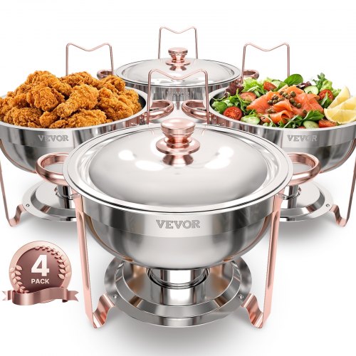 VEVOR Chafing Dish Buffetvoedselwarmer met 4 grote containers (elk 4,7 l), ronde cateringwarmtedispenser met deksel, waterpan en opvouwbare standaard,