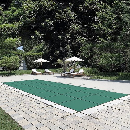 VEVOR Inbouw Zwembadafdekking 5,47x12,7 m PP Rechthoekige Afdekking Buitenzwembad tegen Puin Sneeuw Solar Zwembad Beschermer Strakke Mesh Aardbout Messing voor Zwembaden 4,87x12,2 m Tuin Huis Groen afbeelding