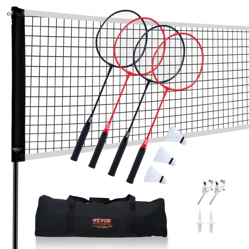 VEVOR Badmintonnetset, buitenbadmintonnet voor achtertuin, strandpark, badmintonnet voor volwassenen en kinderen met stangen, draagtas, 4 ijzeren rackets en 3 nylon shuttles